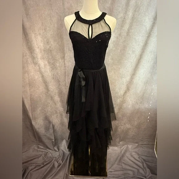 Elegant Black Halter Formal Sheer Illusion Dress layered tulle prom bow sequin - Picture 2 of 10